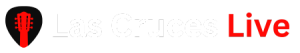Logo with a red guitar headstock icon and the text "Las Cruces Live," with "Live" in red and the rest in white, on a black background.